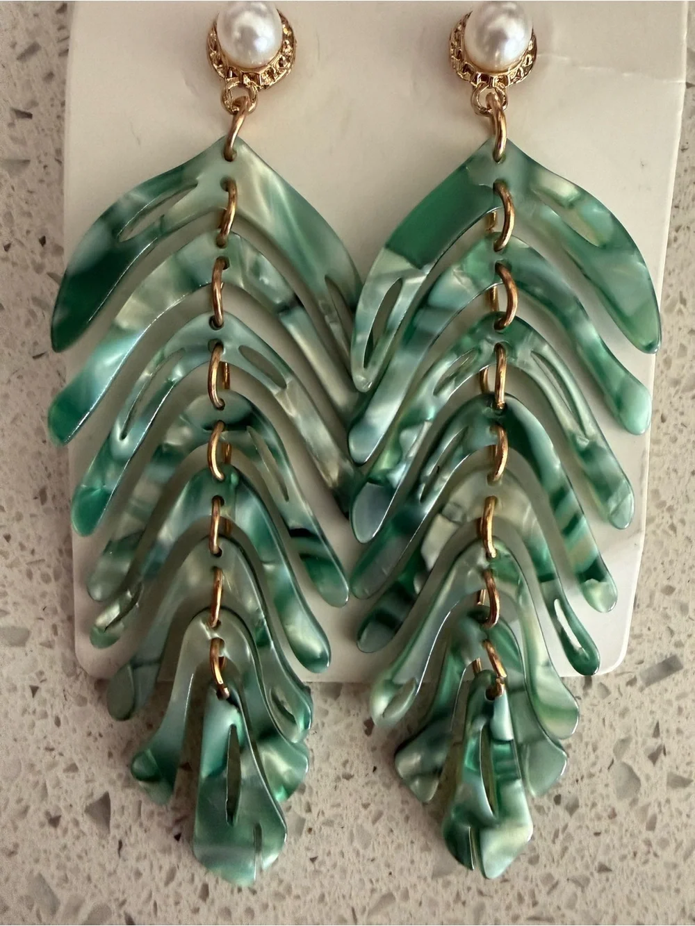Green Leaf Tropical Cascade Statement Earrings